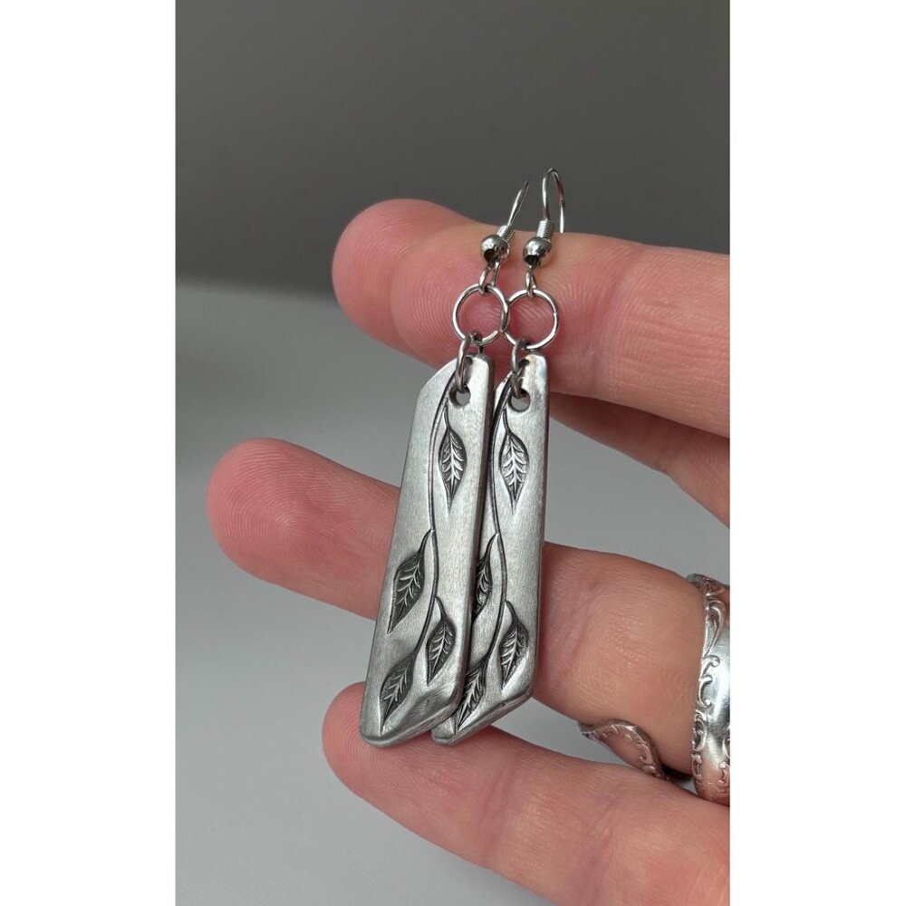 Handmade Upcycled Silverware Leaf Print Earrings: Stainless Steel Drop Earrings